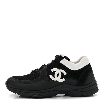 Chanel Mesh Suede Grained Calfskin Womens CC Sneakers 36.5 Black White 1 of 9