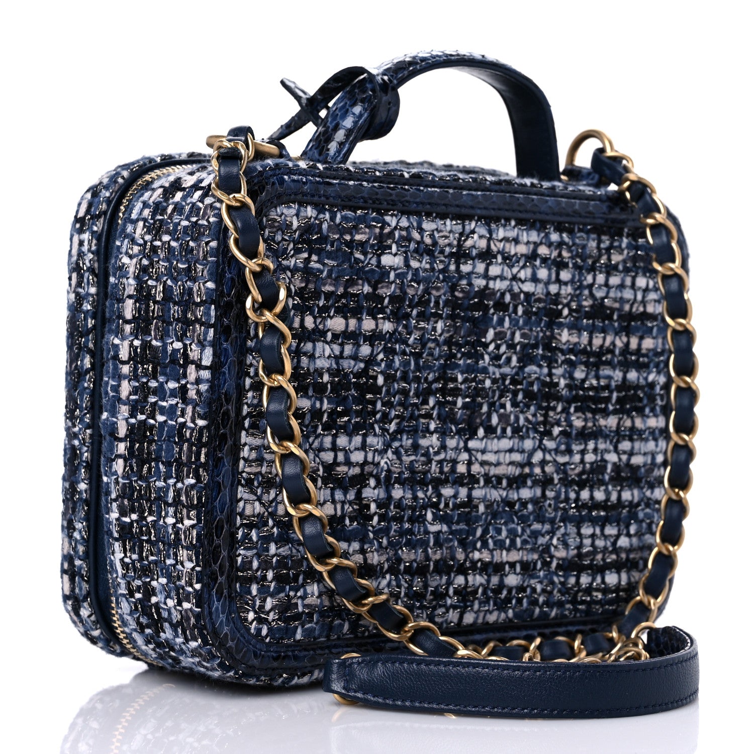 Chanel Tweed Snakeskin Quilted Medium CC Filigree Vanity Case Dark Navy 3 of 12
