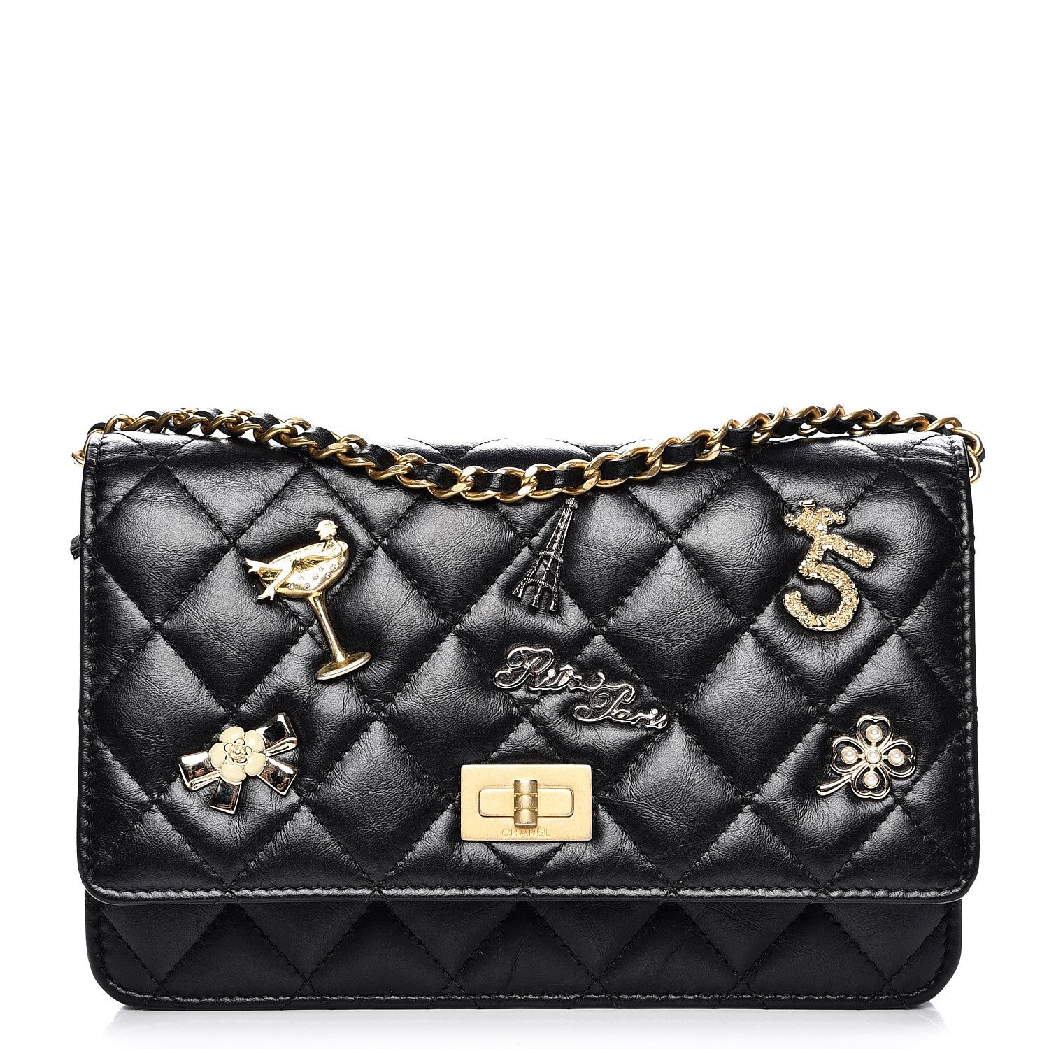 Chanel Aged Calfskin Quilted Lucky Charms 2.55 Reissue Wallet On Chain WOC Black 1 of 9