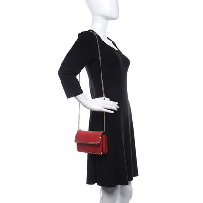 Valentino Garavani Pebbled Calfskin Rockstud Flap Wallet On Chain Rouge Pur 2 of 15