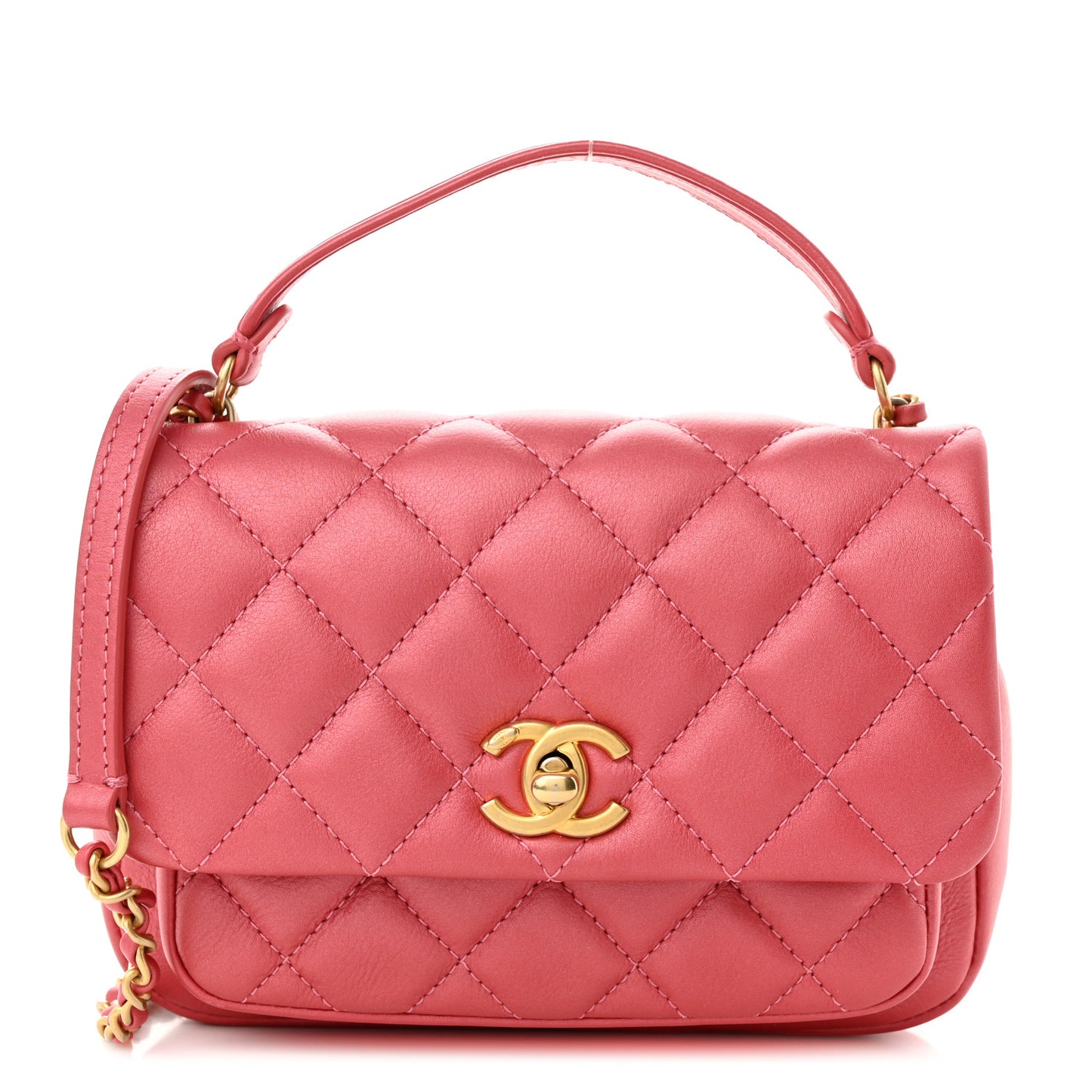 Calfskin Quilted Top Handle Flap Dark Pink