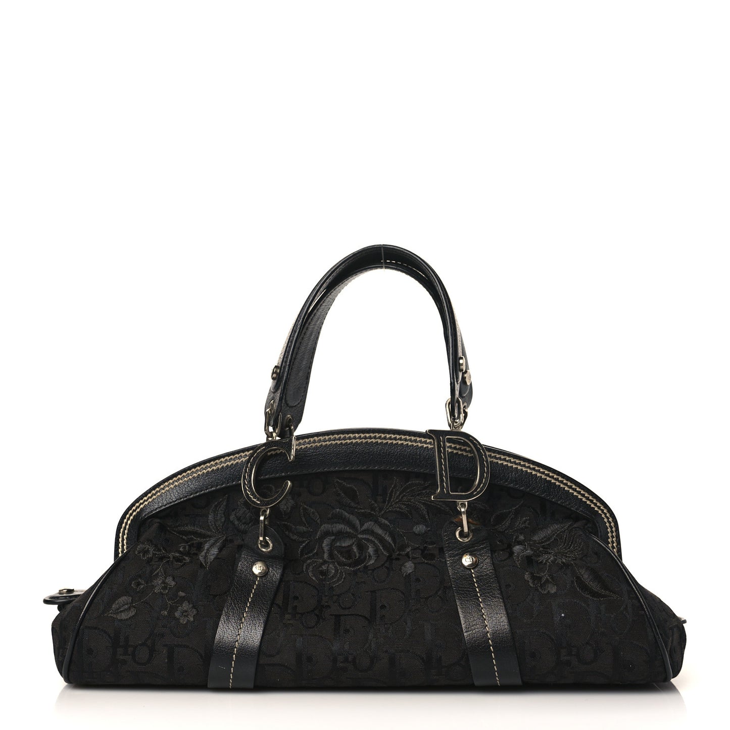 Monogram Vintage Flowers Frame Satchel Black