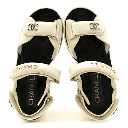 Chanel Shiny Calfskin Quilted Wedge Sandals 36 Ivory 3 of 14