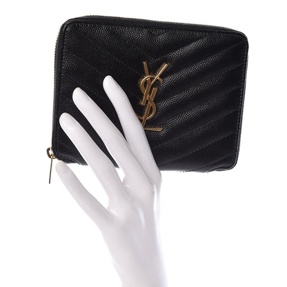 Saint Laurent Grain De Poudre Matelasse Chevron Monogram Compact Zip Around Wallet Black 2 of 8