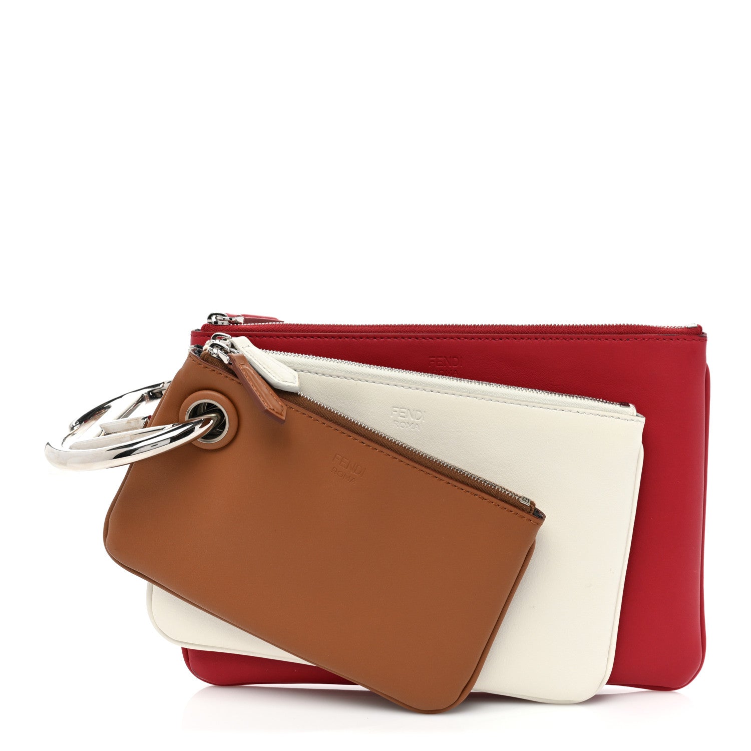 Fendi Vitello Century Opaco F is Fendi Tri-Color Triplette Pouch Set Corteccia White Ice Fragola 1 of 9