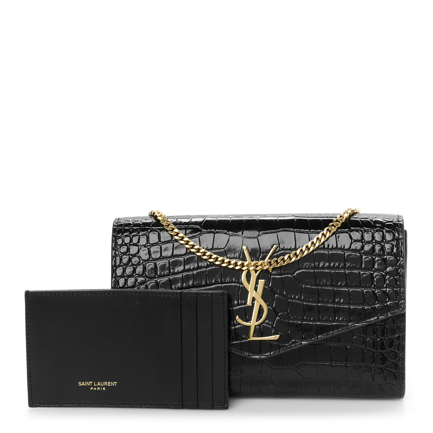 Saint Laurent Calfskin Crocodile Embossed Monogram Uptown Chain Wallet Black 3 of 12