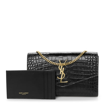 Saint Laurent Calfskin Crocodile Embossed Monogram Uptown Chain Wallet Black 3 of 12