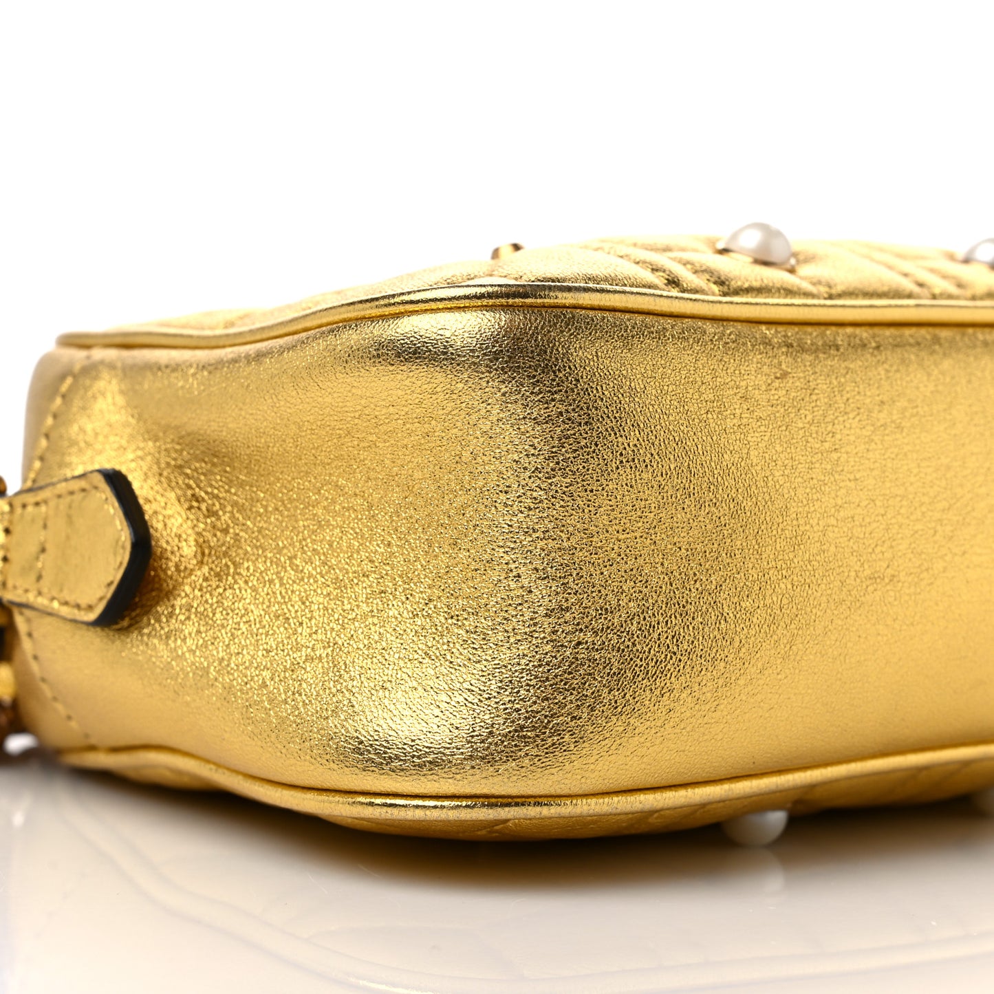 Metallic Calfskin Matelasse Studded Small Pearly GG Marmont Chain Shoulder Bag Gold