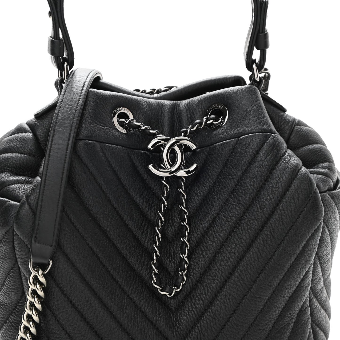 Deerskin Chevron Small CC Chain Bucket Drawstring Bag Black