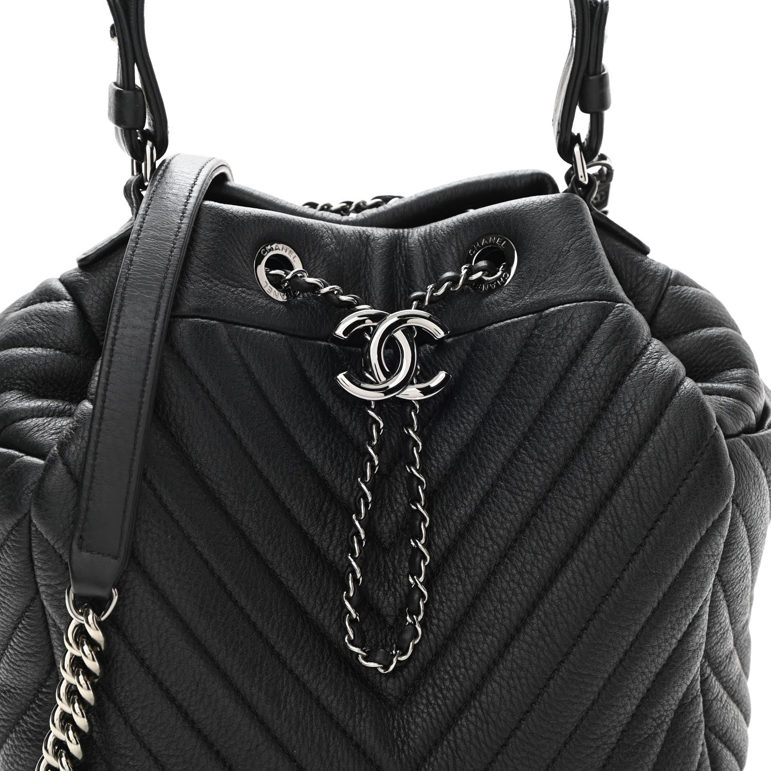 Chanel Deerskin Chevron Small CC Chain Bucket Drawstring Bag Black 8 of 10