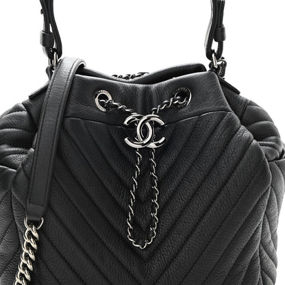 Chanel Deerskin Chevron Small CC Chain Bucket Drawstring Bag Black 8 of 10