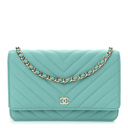 Chanel Caviar Flat Chevron Quilted Wallet On Chain WOC Green 1 of 12