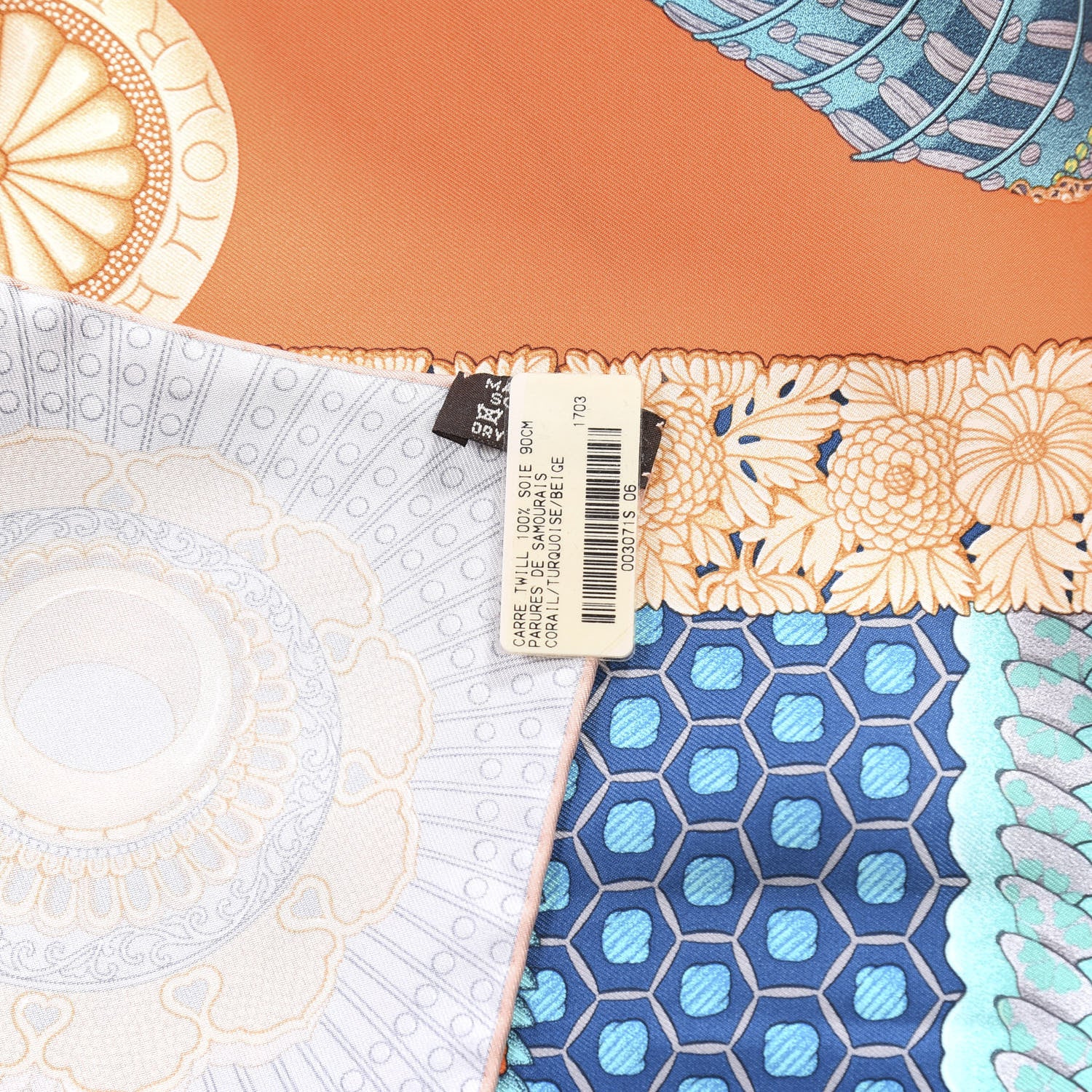 Hermes Silk Parures de Samourais Scarf 90 Corail Turquoise Beige 2 of 4