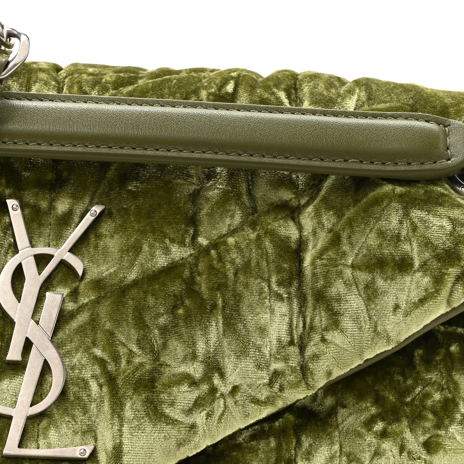 Saint Laurent Crushed Velvet Quilted Small Loulou Puffer Monogram Chain Satchel Green 8 of 10