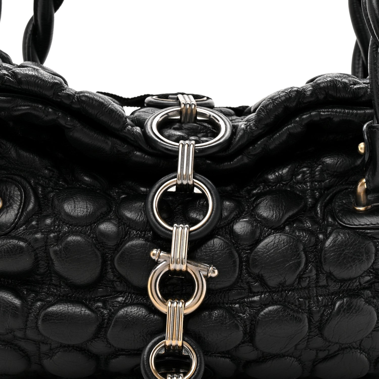 Salvatore Ferragamo Padded Calfskin Embossed Fold Over Shoulder Bag Black 7 of 9