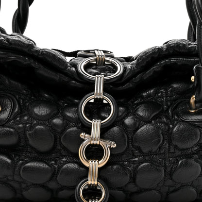 Salvatore Ferragamo Padded Calfskin Embossed Fold Over Shoulder Bag Black 7 of 9