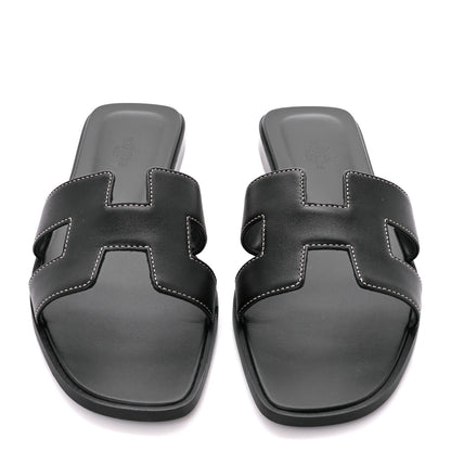 Hermes Box Calfskin Oran Sandals 39.5 Black 2 of 8