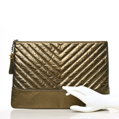 Chanel Metallic Aged Calfskin Chevron Quilted Large Gabrielle Cosmetic Case Gold 2 of 8