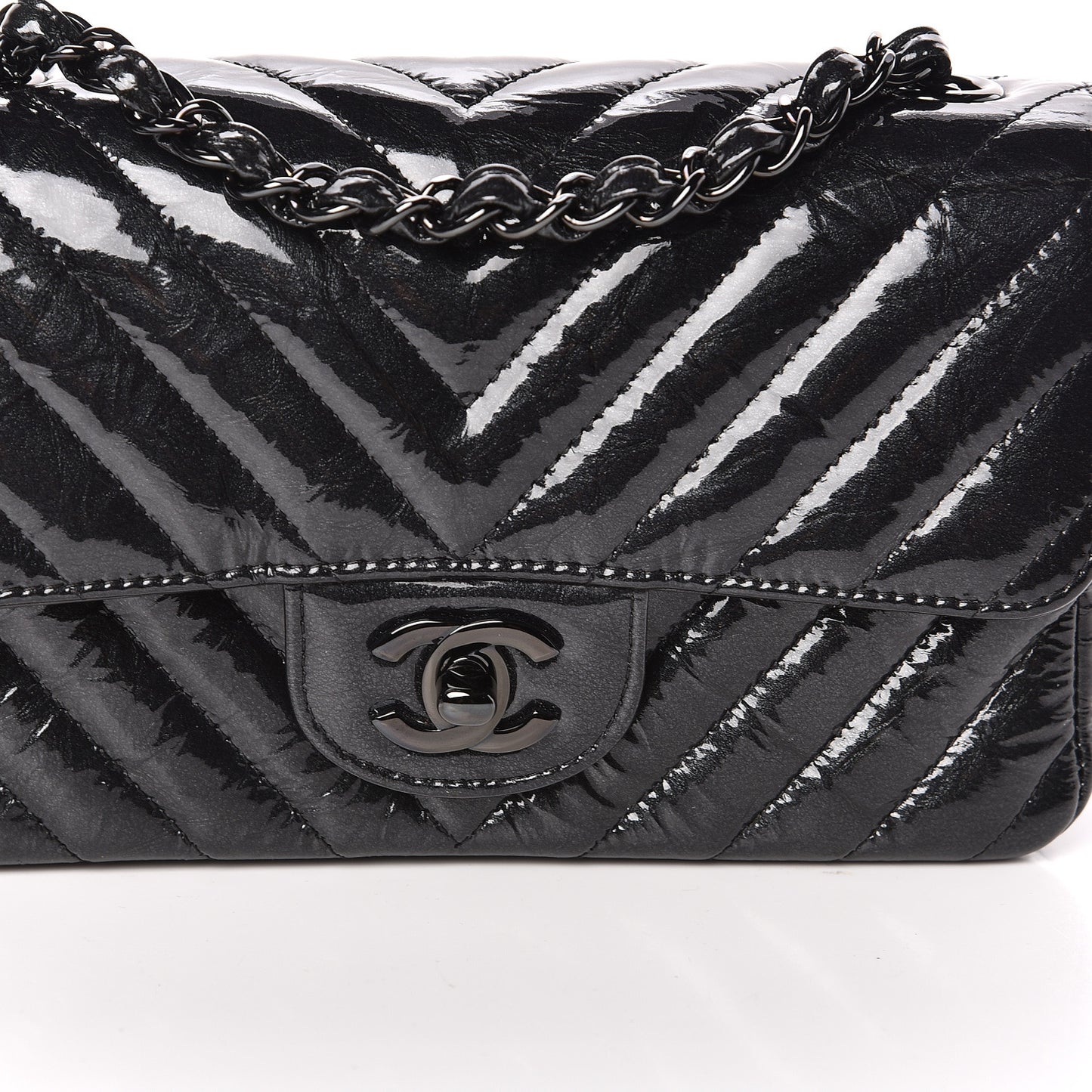 Patent Metallic Crumpled Calfskin Chevron Quilted Mini Rectangular Flap So Black