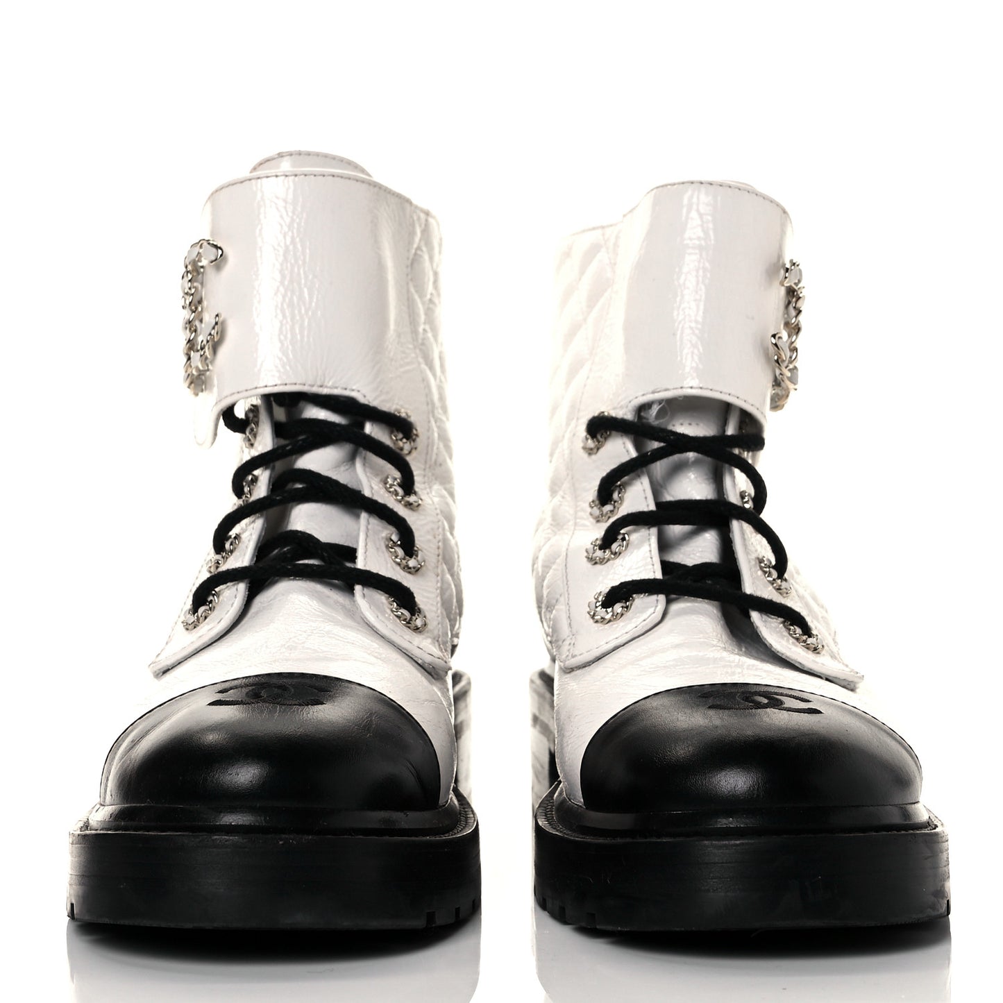 Shiny Goatskin Calfskin Quilted Lace Up Combat Boots 41.5 Black White