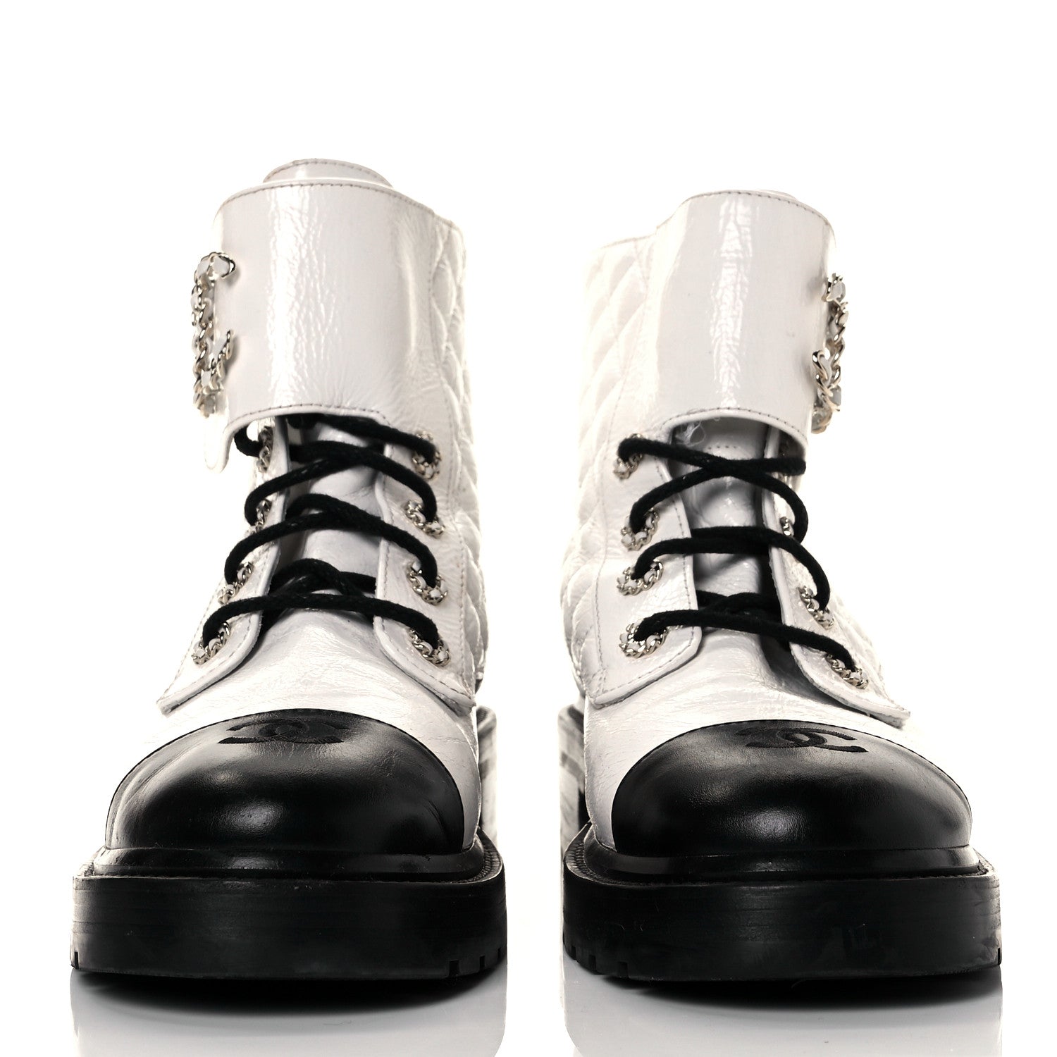 Chanel Shiny Goatskin Calfskin Quilted Lace Up Combat Boots 41.5 Black White 2 of 7
