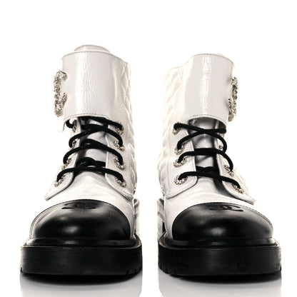 Chanel Shiny Goatskin Calfskin Quilted Lace Up Combat Boots 41.5 Black White 2 of 7