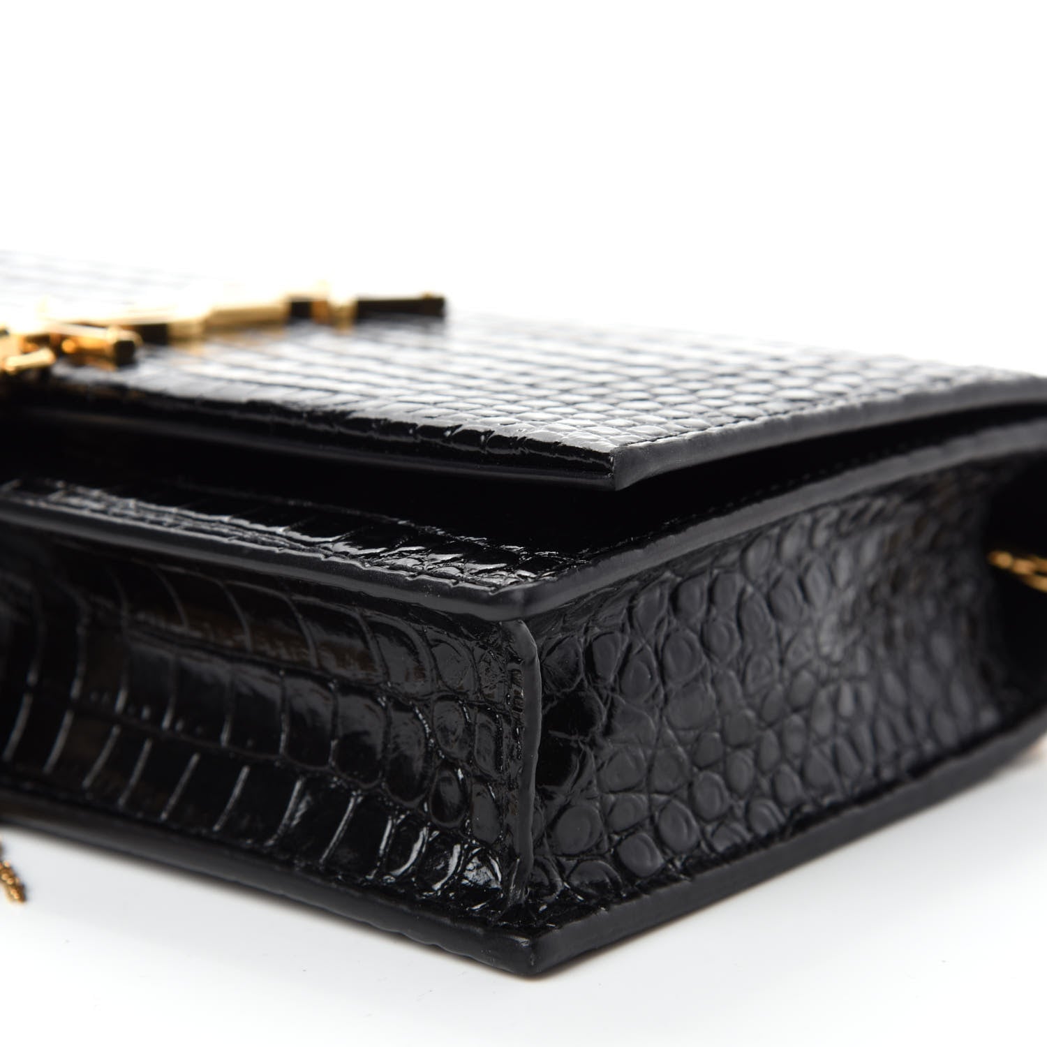 Saint Laurent Calfskin Crocodile Embossed Kate Monogram Tassel Chain Wallet Black 7 of 10