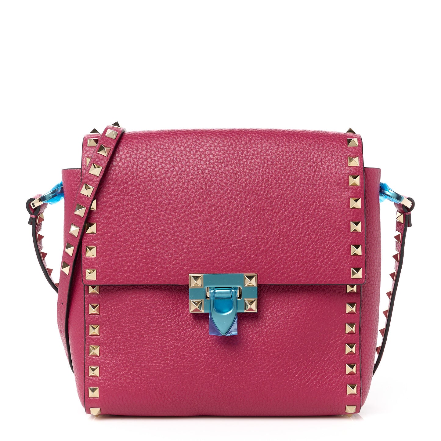 Pebbled Calfskin Rockstud Flip Lock Flap Messenger Raspberry