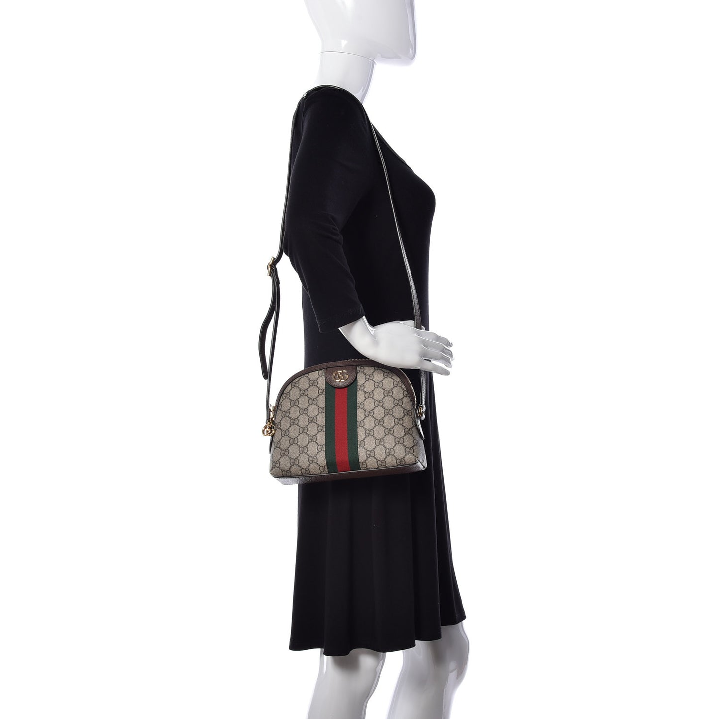 GG Supreme Monogram Textured Dollar Calfskin Web Small Ophidia Dome Shoulder Bag Beige Ebony New Acero