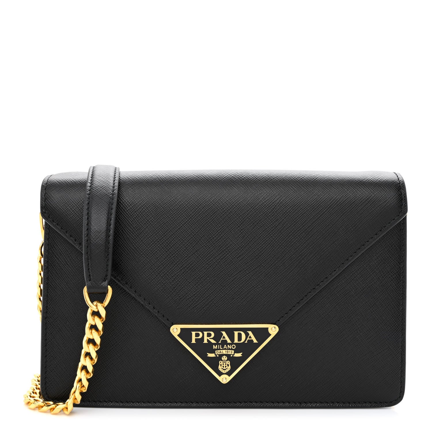Prada Saffiano Lux Metal Triangle Logo Mini Envelope Chain Shoulder Bag Black 1 of 10