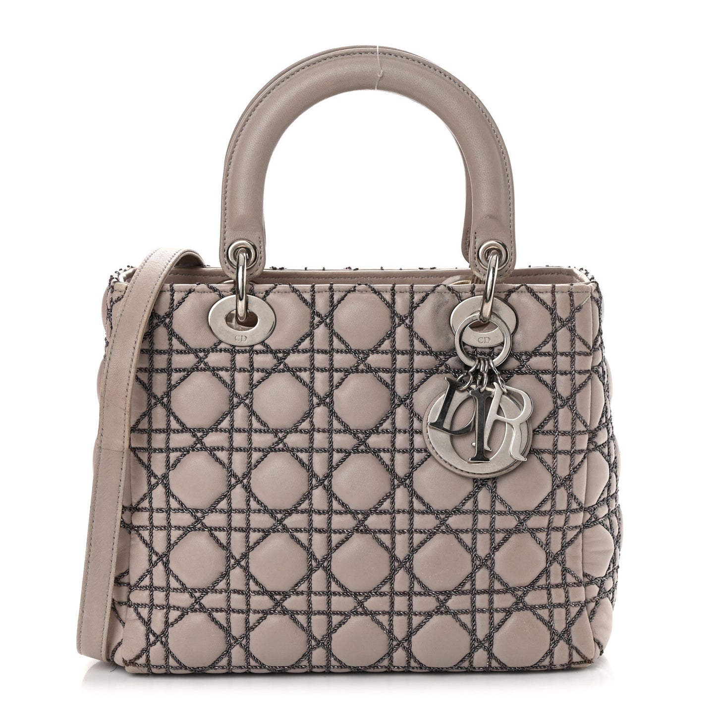 Lambskin Metallic Stitched Cannage Medium Lady Dior Grey Silver