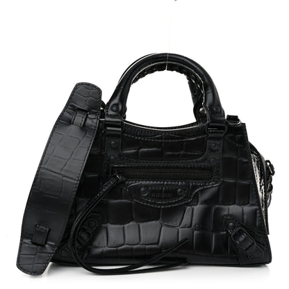 Balenciaga Semi Shiny Calfskin Crocodile Embossed Neo Classic Black Hardware Mini City Black 1 of 9
