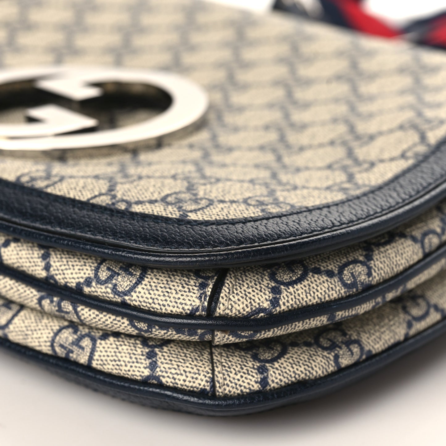 GG Supreme Monogram Textured Dollar Calfskin Web Medium Blondie Top Handle Shoulder Flap Bag Beige Blue