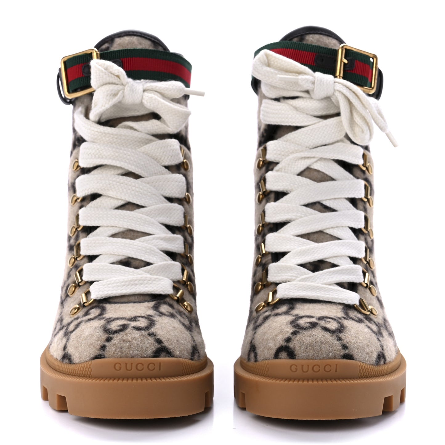 Covered Wool Big GG Monogram Womens Lace Up Combat Ankle Boots 38.5 Beige Ebony Cocoa