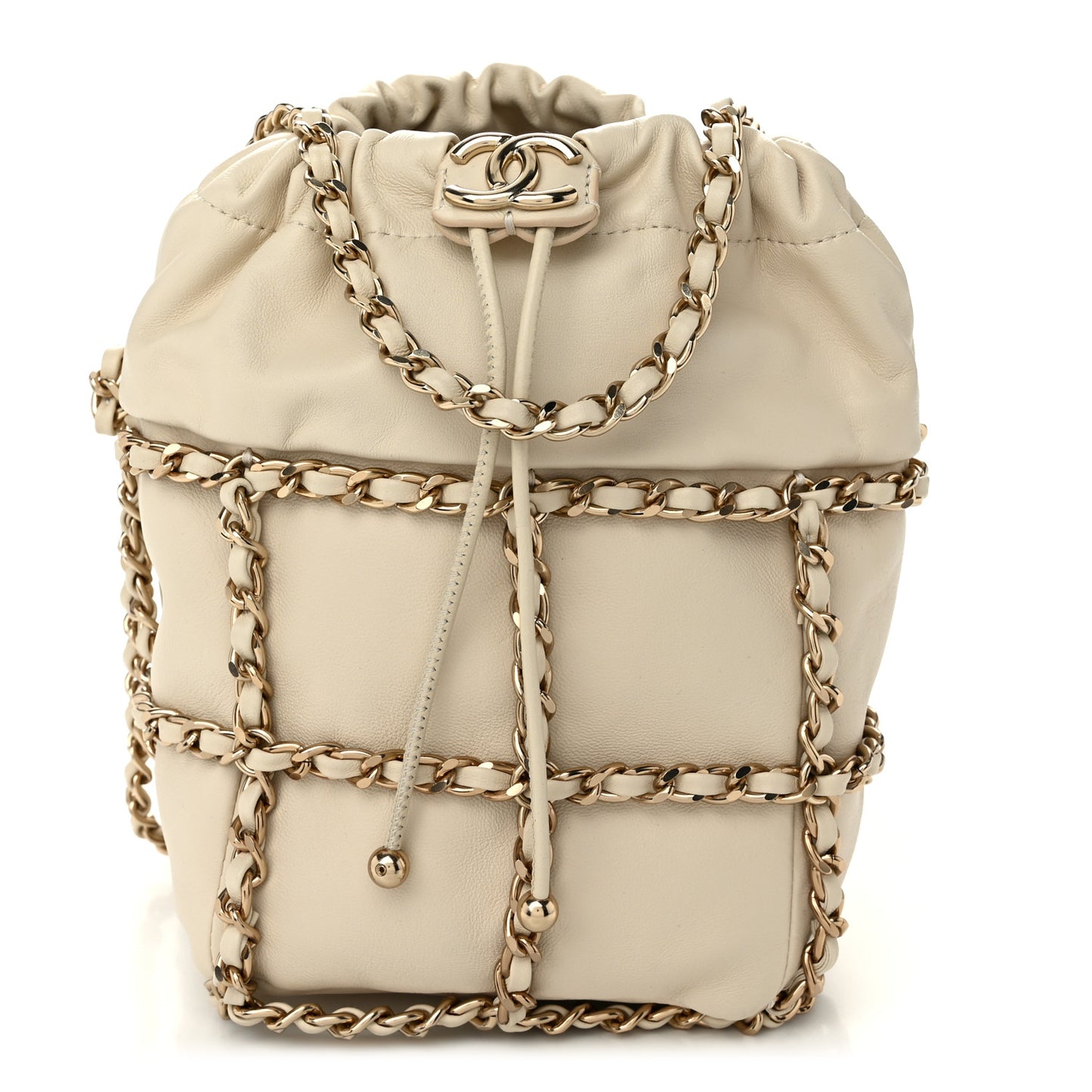 Lambskin Bucket Chain Drawstring Bag Beige