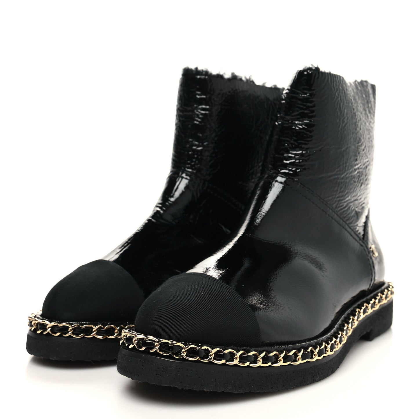Crumpled Calfskin Shearling Womens Cap Toe Chain Short Boots 37 Black