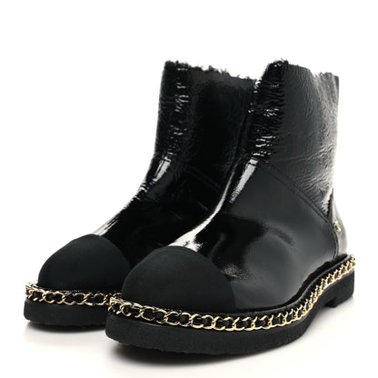 Chanel Crumpled Calfskin Shearling Womens Cap Toe Chain Short Boots 37 Black 3 of 8