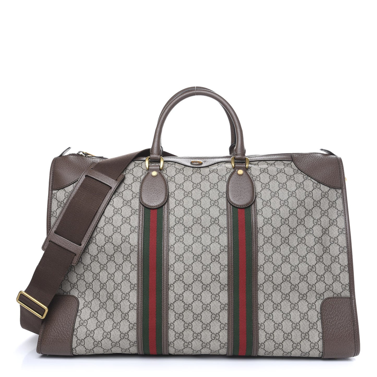 Soft GG Supreme Monogram Textured Dollar Calfskin Web Large Ophidia Carry-On Duffle Bag Beige Ebony New Acero