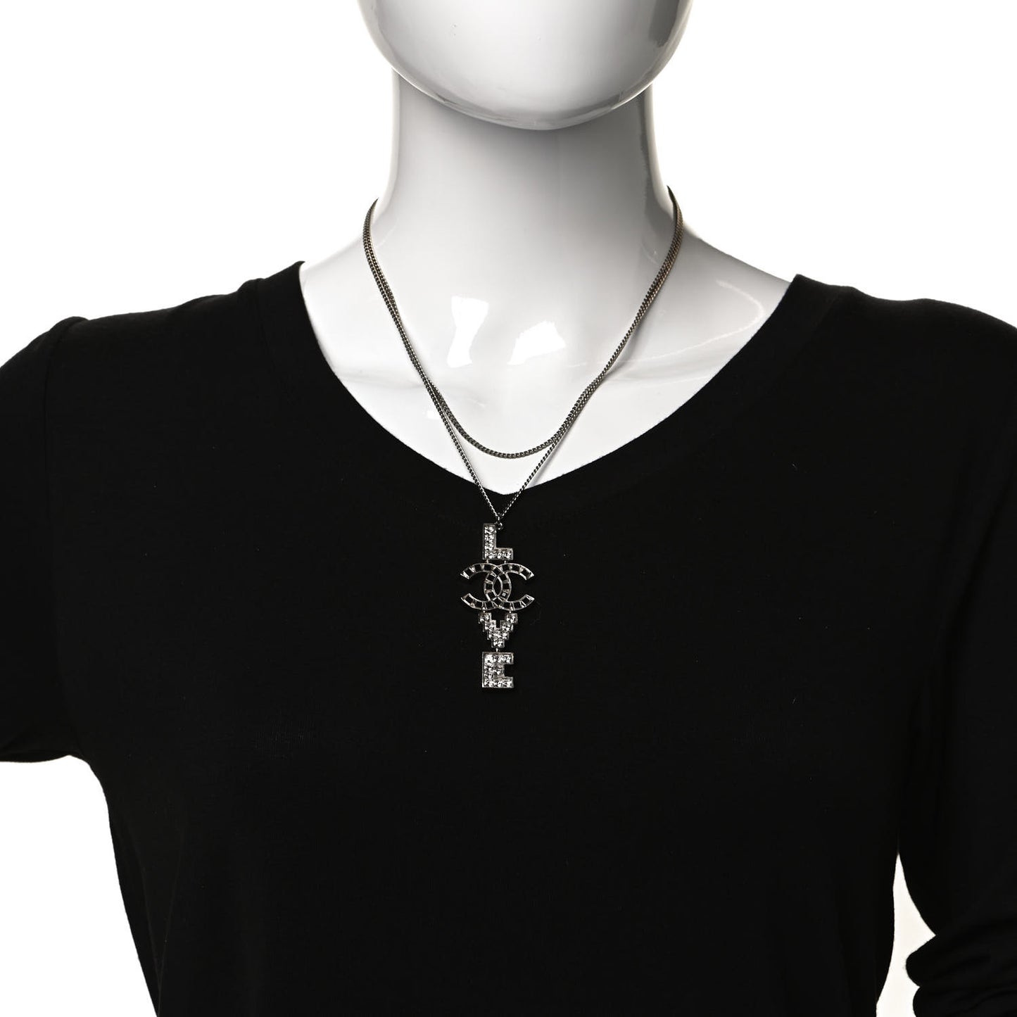 Baguette Crystal Coco Love CC Pendant Necklace Silver Black