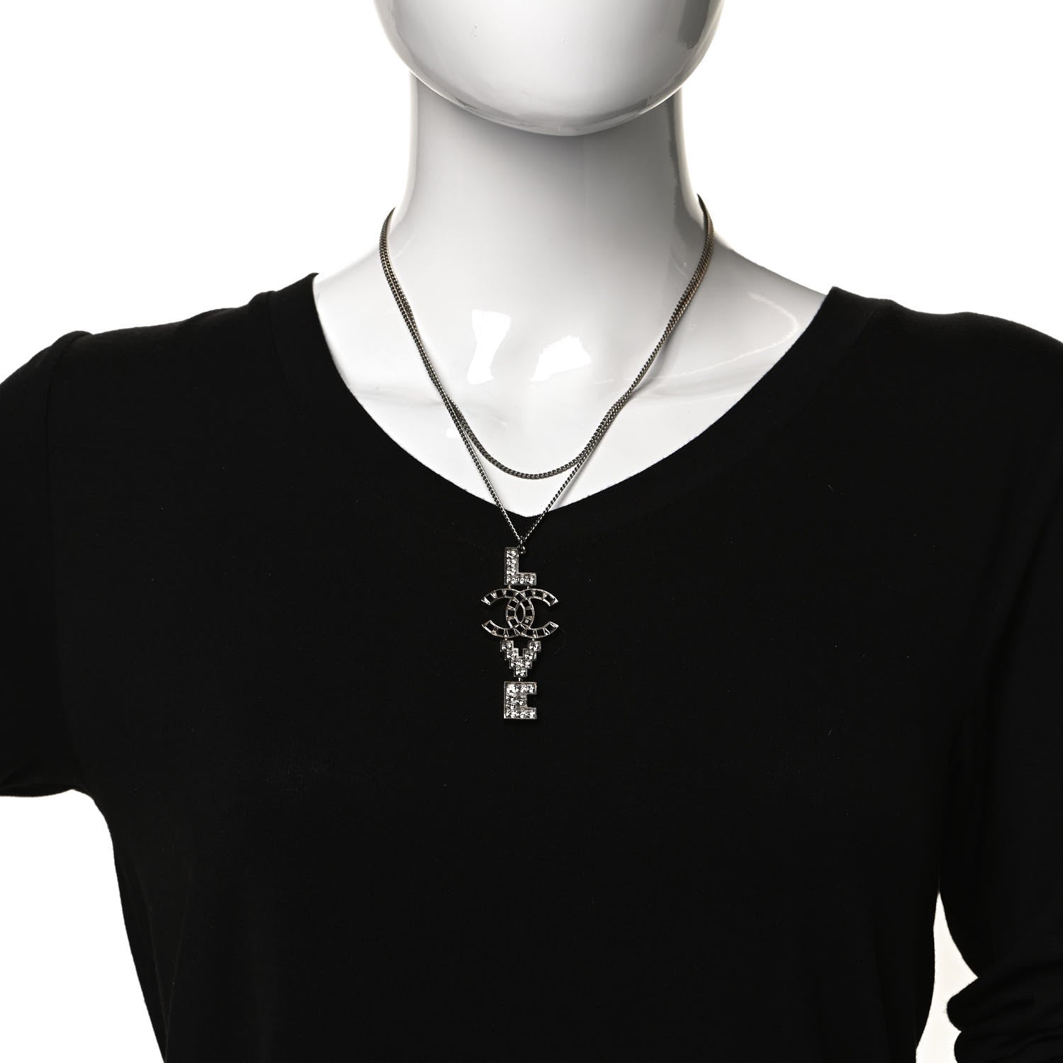 Chanel Baguette Crystal Coco Love CC Pendant Necklace Silver Black 2 of 7