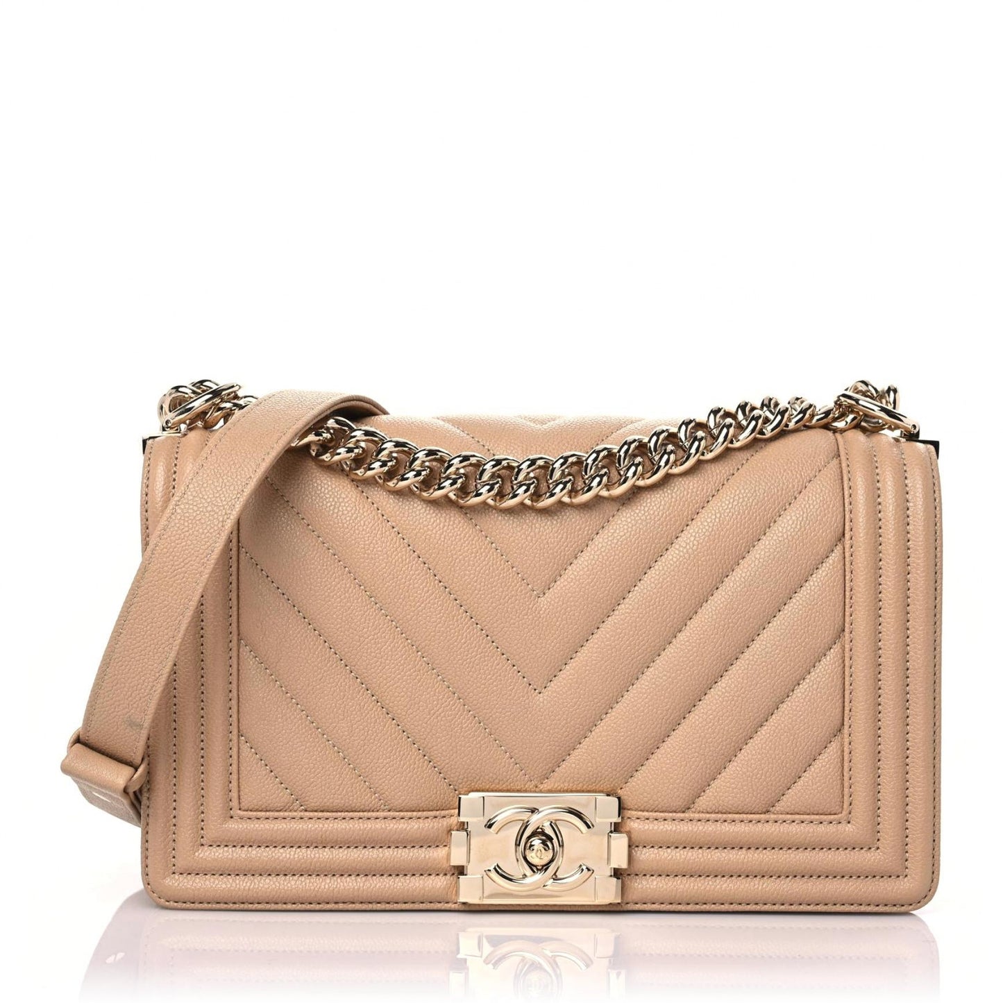 Caviar Chevron Quilted Medium Boy Flap Dark Beige