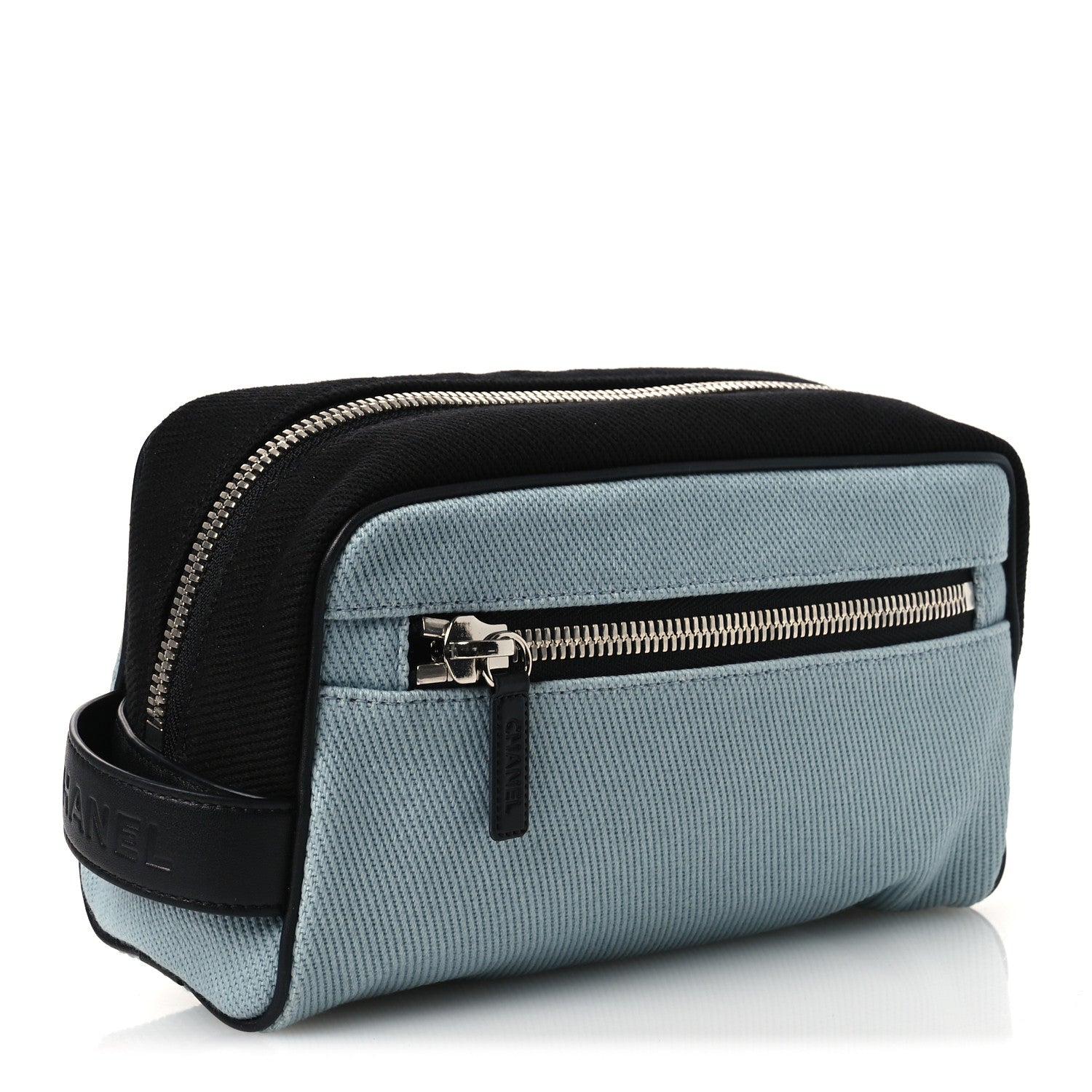 Chanel Canvas Calfskin Large Zippered Pouch Blue Black 3 of 10