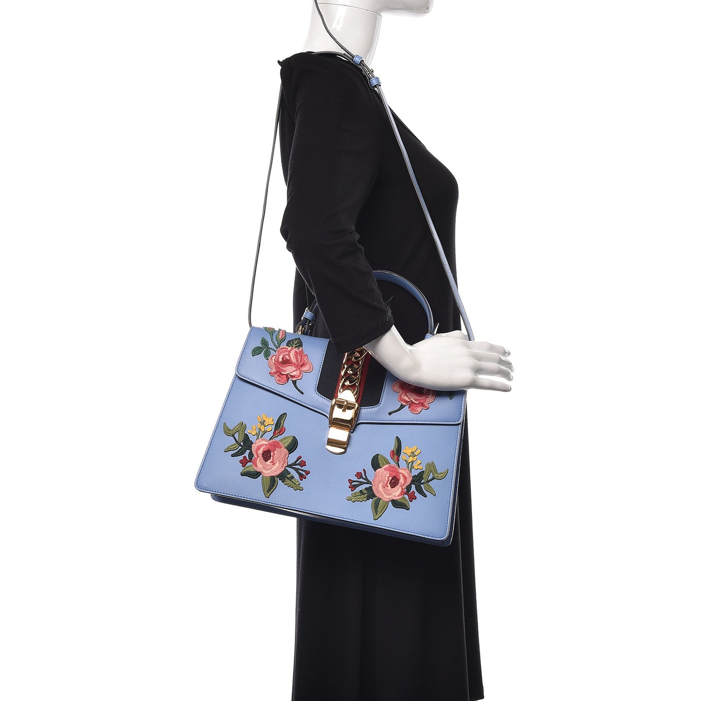 Calfskin Embroidered Medium Sylvie Top Handle Bag Clear Sky Blue