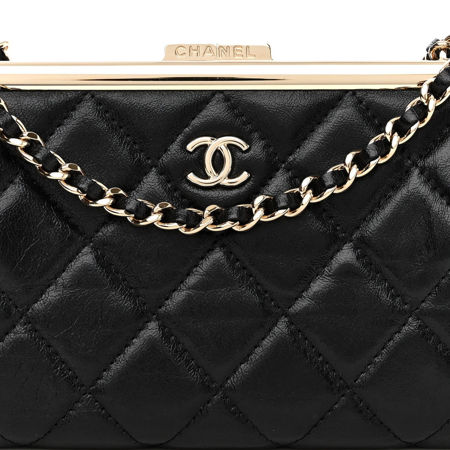 Lambskin Quilted Frame Clutch With Chain Black