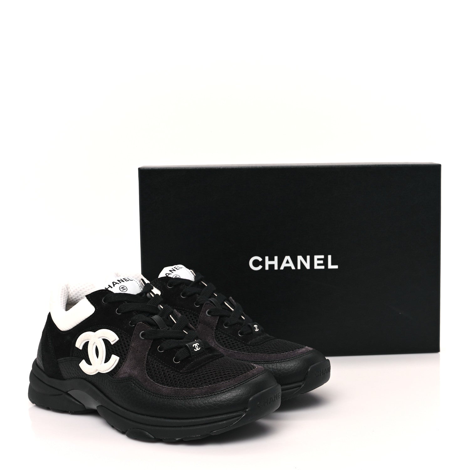 Chanel Mesh Suede Grained Calfskin Womens CC Sneakers 39 Black White 9 of 9