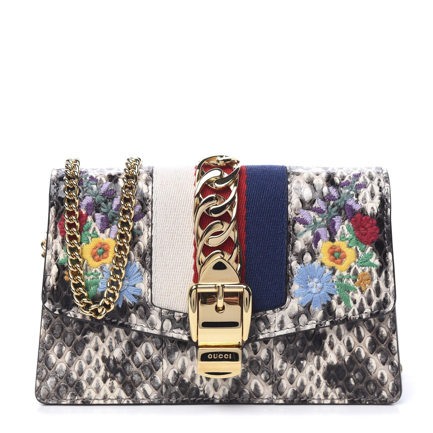 Gucci Snakeskin Floral Embroidered Super Mini Sylvie Chain Shoulder Bag 1 of 9