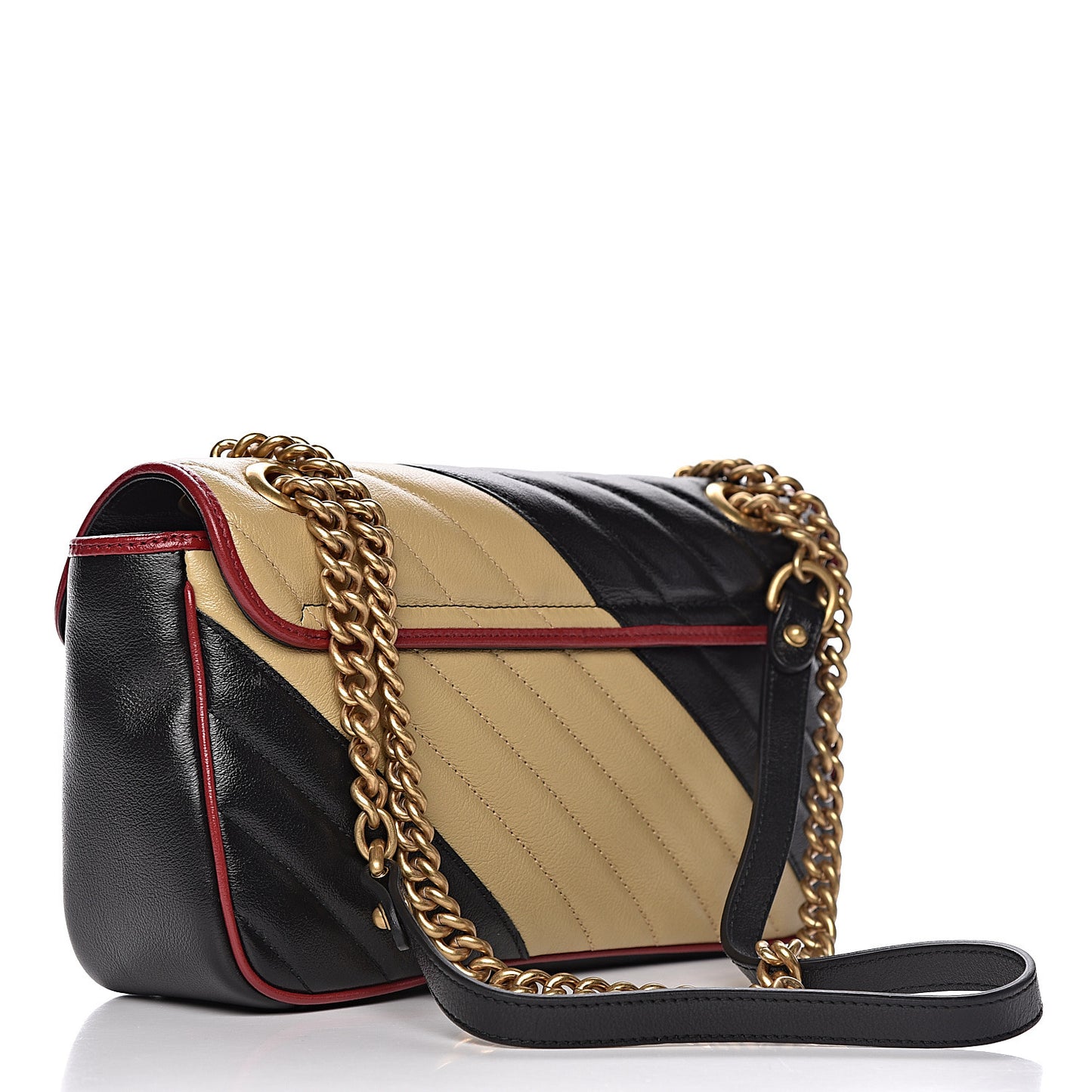 Vintage Effect Calfskin Matelasse Diagonal Striped Small Torchon GG Marmont Shoulder Bag Black Beige