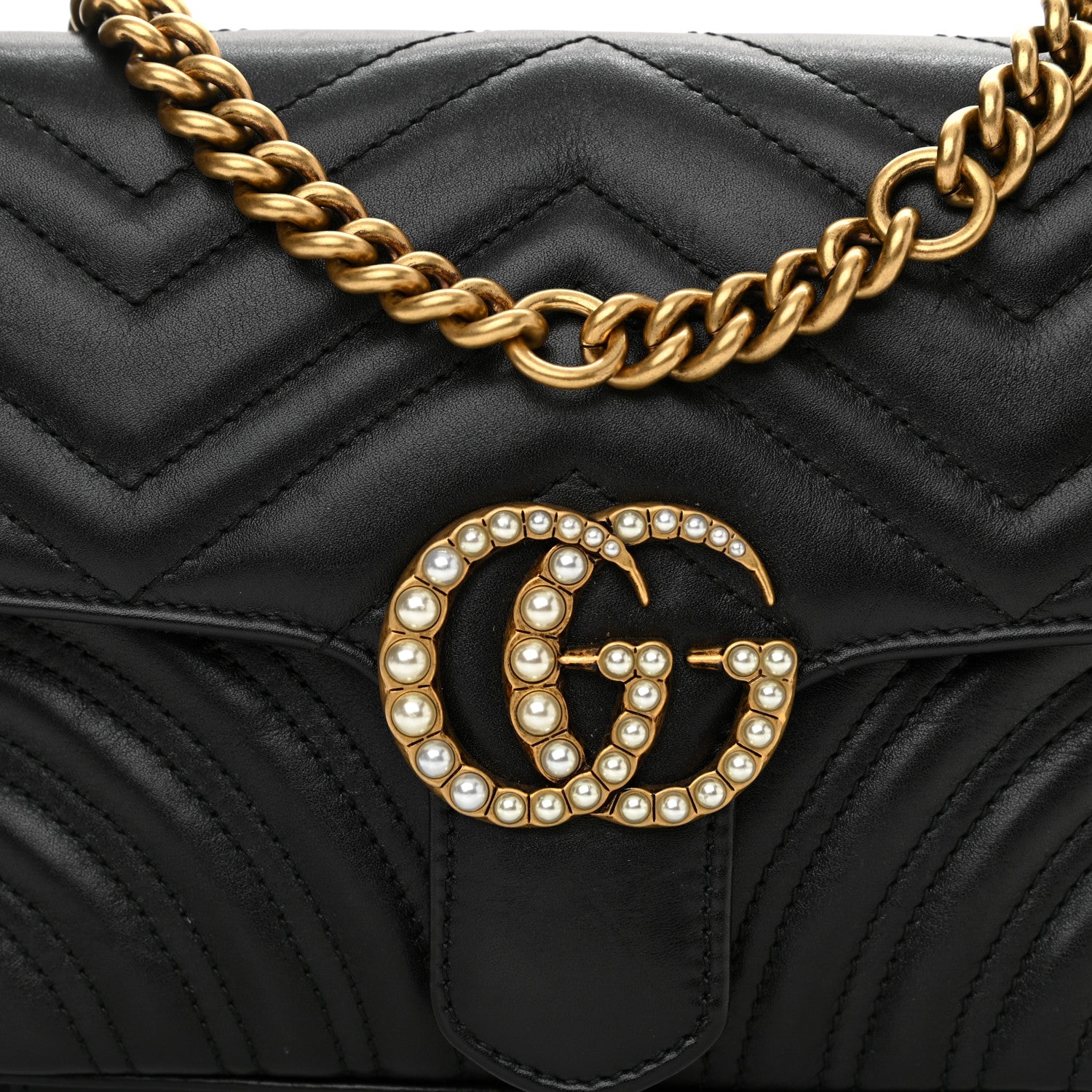 Gucci Calfskin Matelasse Pearly GG Marmont Chain Belt Bag Black 9 of 15