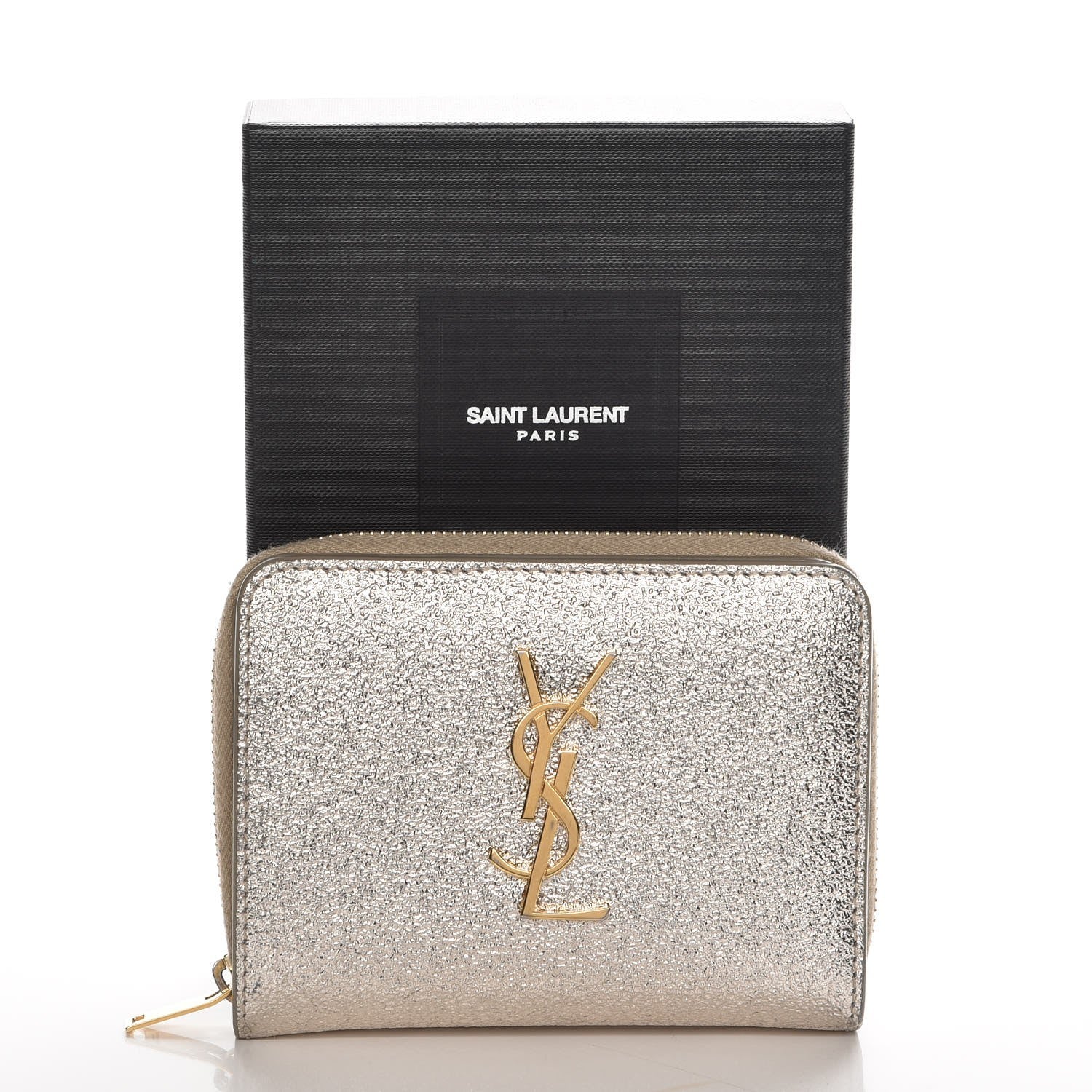 Saint Laurent Metallic Calfskin Monogram Compact Zip Around Wallet Grey 7 of 7