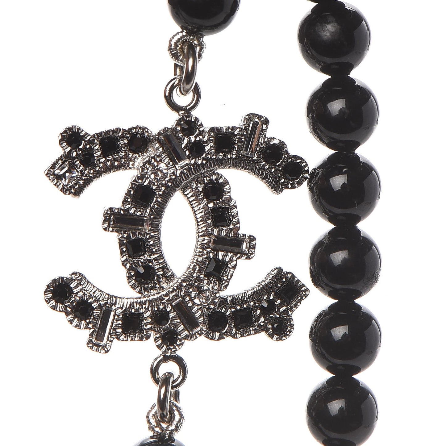 Baguette Crystal Beaded CC Long Necklace Black Silver